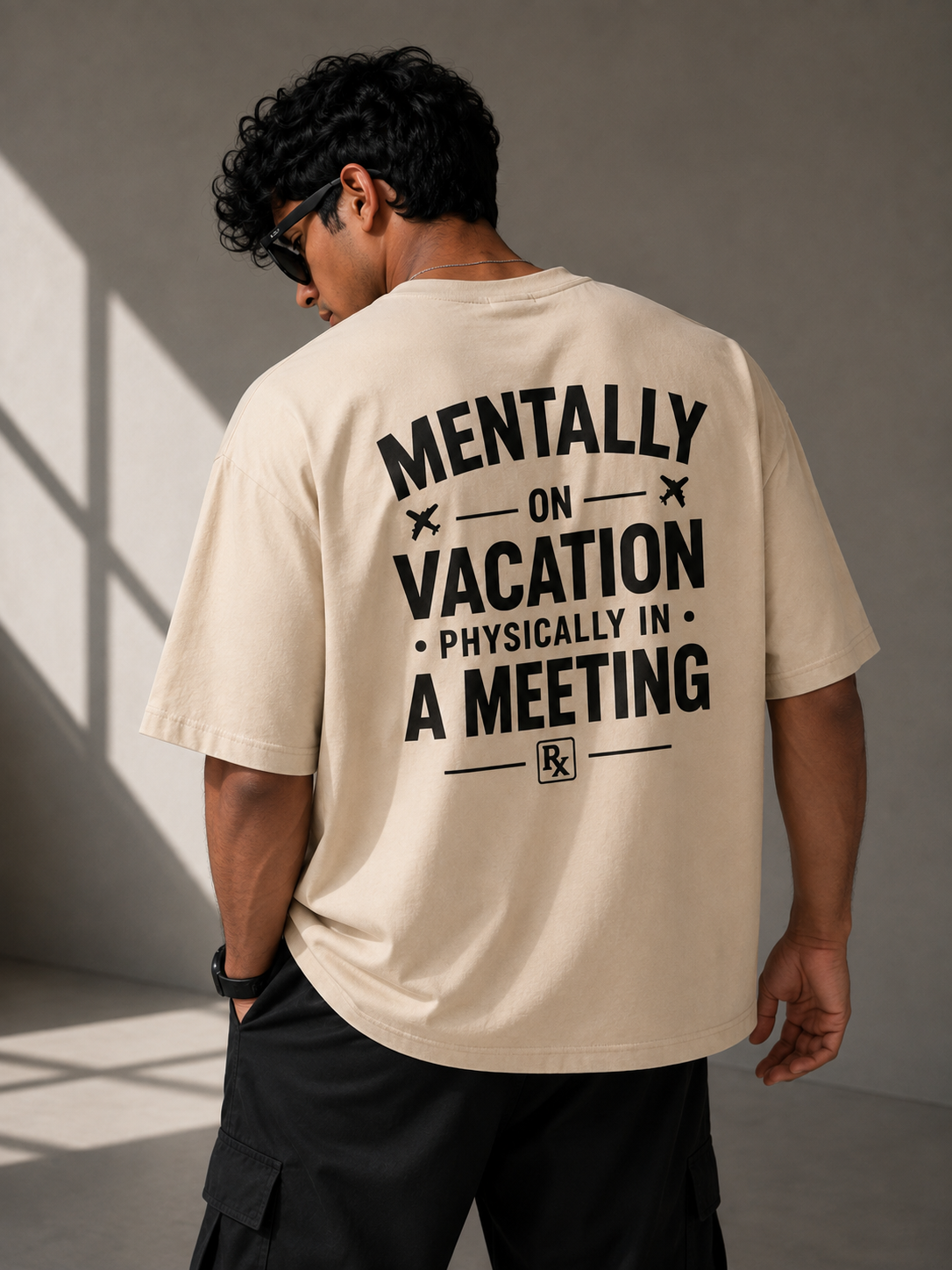 Mentally On Vacation, Physically In A Meeting 260 GSM Premium Oversized Tee-15